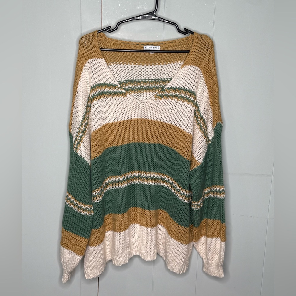 Baltic Born Striped V-Neck Sweater in Mustard, Cream & Forest Green